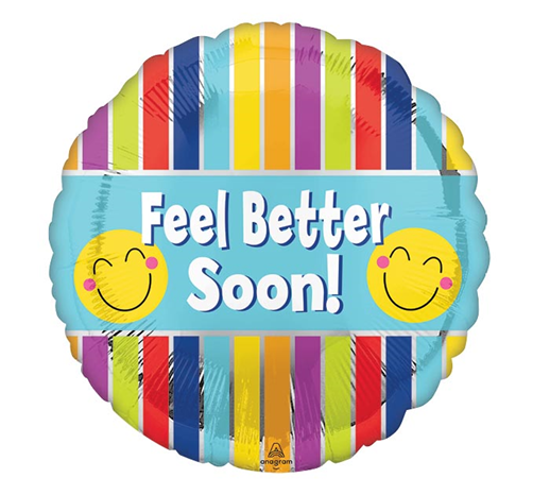 Mylar balloon with stripes and message "feel better soon"